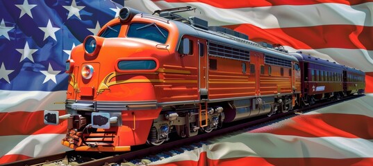 Fototapeta premium Modern passenger train with America flag background. 4th of July or American independence day. Generative AI technology.