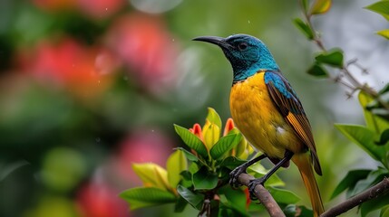 Obraz premium A vibrant, colorful bird perched on a branch against a blurry background of red and green foliage.