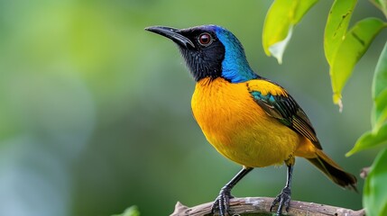 Colorful bird with vibrant plumage perched on a branch in a lush green forest, capturing the beauty of wildlife in nature.