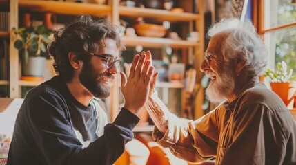 Smiling elderly man and young man high-fiving in a cozy, sunlit room with plants and shelves in the background.