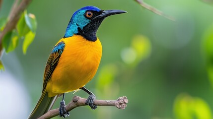 Naklejka premium Vibrant bird with blue head and yellow body perched on a tree branch, with lush green background in a rainforest habitat.