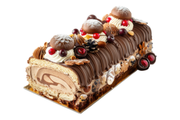 Traditional buche de noe yule cake isolated on transparent background