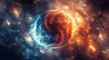 Cosmic yin yang abstract wallpaper, bright light and fiery particles, star-filled universe, intricate details, harmonious and vibrant