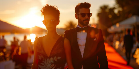 A fashionable couple in formal attire and sunglasses walks on a red carpet during a glamorous event at sunset, exuding elegance and sophistication