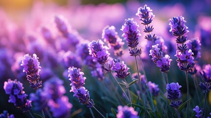 Fototapeta premium Detailed view of vibrant lavender flowers in full bloom, showcasing their delicate petals and rich purple hues.