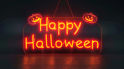 Happy Halloween in a orange neon sign with pumpkin Jack-o-lanterns on the top sides. over black background.