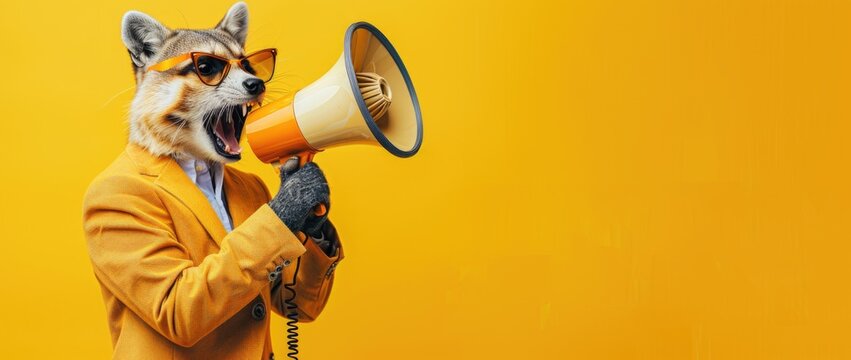 Stylish Raccoon in Suit with Sunglasses Shouting into Megaphone on Bright Yellow Background