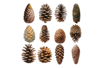 Various conifer cones isolated on white background