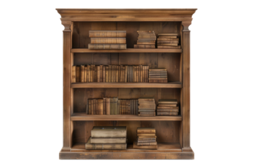 Vintage wood bookcase with books isolated on transparent background