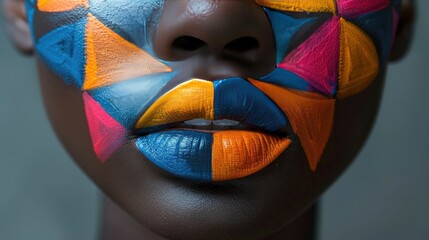 Attractive image of an African American woman with intricate colored geometric patterns on her face