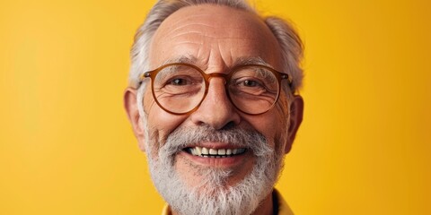 Smiling elderly man with white teeth on yellow background