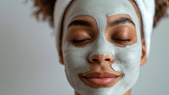 Woman with a white cream mask on her face. Close-up of a girl.