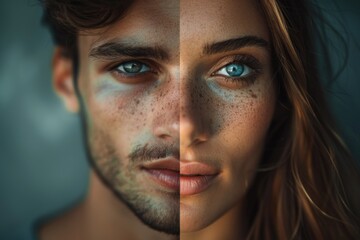Close up portrait of a man and woman with blue eyes