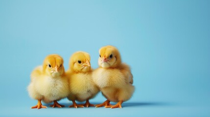 Fototapeta premium Three baby chicks on blue background