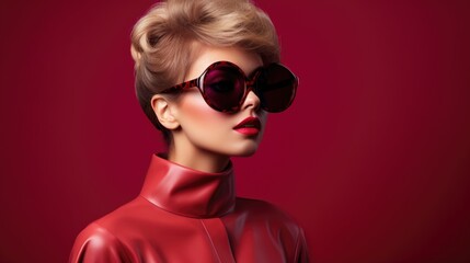 Woman wearing red sunglasses and red outfit against red background