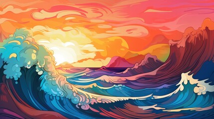 Vibrant Sunset Seascape. Colorful Ocean Waves Crashing, Artistic Illustration