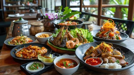 Fototapeta premium Diverse Spread of Mouthwatering Dishes Laid Out on a Rustic Dining Table with Natural Lighting