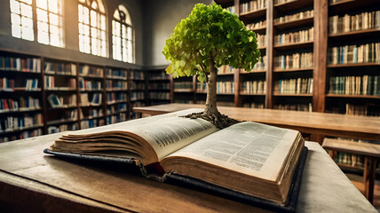 Obraz premium World philosophy day education concept with tree of knowledge planting on opening old big book in library with textbook, stack piles of text archive and aisle of bookshelves in school study class room