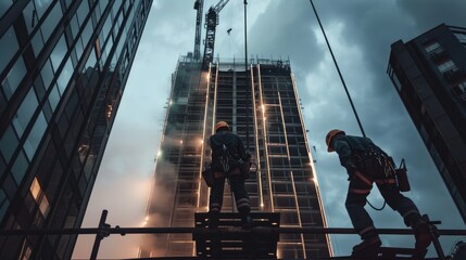 Determined Civil Engineers Overseeing Skyscraper Construction with Cutting Edge Tech and Moody Urban Atmosphere