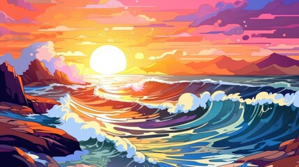 Vivid sunset over ocean waves, digital art illustration. Colorful seascape with setting sun and rocky coast. Concept of nature, beauty, travel, summer