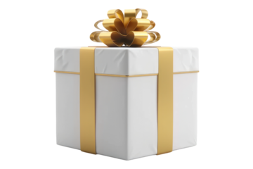 White gift box with gold bow isolated on transparent background