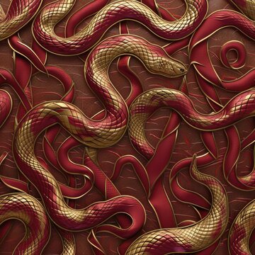 Gold and Red Serpents: Luxurious Pattern of Intricate Snake Design on Textured Background