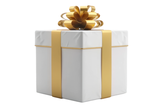 White gift box with gold bow isolated on transparent background