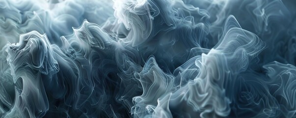 A high-definition image of detailed, swirling smoke patterns in shades of gray and blue, creating an ethereal and dynamic abstract texture.