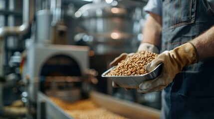 A worker holds a tray of malt grains in a brewery