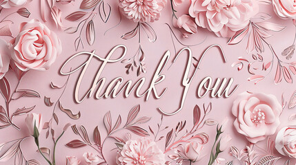 Chic silver cursive "Thank You" on a soft blush pink surface, accompanied by elegant rose gold patterns and sophisticated floral designs. Expressing gratitude with timeless elegance.