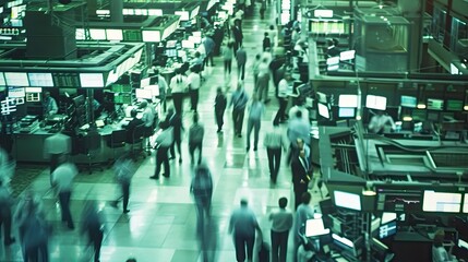 Obraz premium Bustling Trading Floor of a Modern Exchange with Brokers and Traders Engaged in Lively Transactions