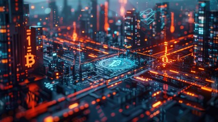 Futuristic Cityscape with Gleaming Cryptocurrency and Digital Blockchain Technology