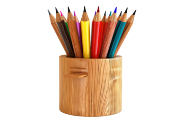 Wooden pen holder with colored pencil isolated on transparent background