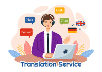 Translator Service Vector Illustration with Language Translation for Various Countries and Multilanguage Using Dictionary in a Flat Cartoon Background