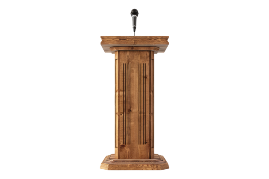 Wooden podium with microphone isolated on transparent background