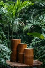Obraz premium Bamboo Cylinders in Tropical Jungle Setting Surrounded by Lush Green Foliage and Palm Leaves