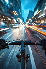 Naklejka premium Dynamic Urban Cycling at Night - POV Shot of a Bicycle Ride Through a Busy City Street with Motion Blur and Vibrant Lights
