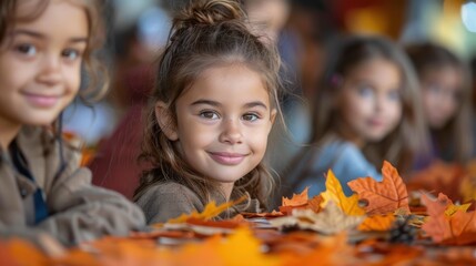 Happy Children at a Festive Autumn Family Gathering with Colorful Leaves and Pumpkins