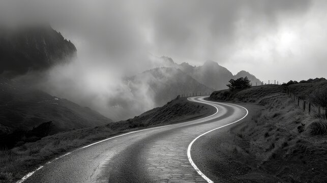 Monochrome image of a winding road against mountain backdrop, foggy grey sky, separate black-and-white photograph of clouded foreground, moody and dramatic