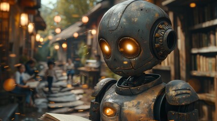 Vintage Robot in a Rustic Village - Generative AI