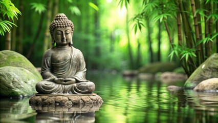 buddha statue on a rock in a blurred green bamboo jungle with smooth water surface, fresh natural spa wallpaper concept with asian spirit and copy space