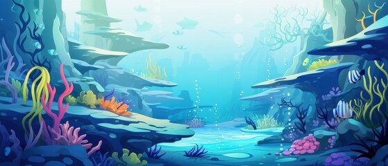 Vibrant underwater seascape with colorful coral reefs, rocks, seaweed and fish. Cartoon style background of magical ocean for animation or game, with copy space.