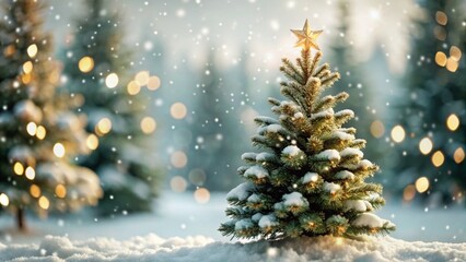 Fototapeta premium blurred christmas tree in snowy landscape, beautiful winter background with snowflake as xmas concept