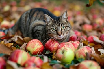 Tabby cat is lying on a bed of fallen apples in an orchard during autumn