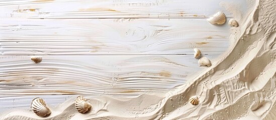 Sand on a white wooden surface with a summer theme. Overhead view with space for text.