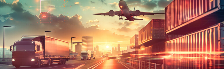 A cargo plane flies over a cityscape at sunset, with trucks and cargo containers in the foreground