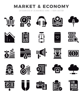 Vector Market & Economy types icon set in Glyph style. vector illustration.