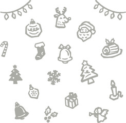 クリスマス　アイコン　あしらい　飾り　版画　判子　シルエット　線　かわいい　イラスト素材セット

