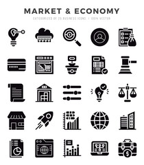 Set of Market & Economy icons in Glyph style. Glyph Icons symbol collection.