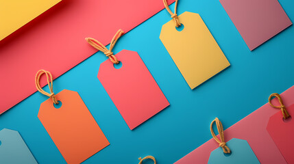 Colorful blank tags with strings on vibrant backgrounds, perfect for pricing, labeling, and organizing purposes.